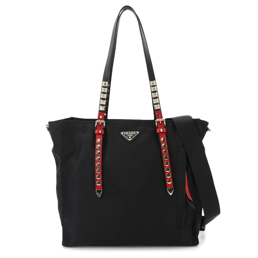 Prada 2-way Tote Shoulder Handbag, Nylon Leather, Black/Red, 1BG260, Silver H...